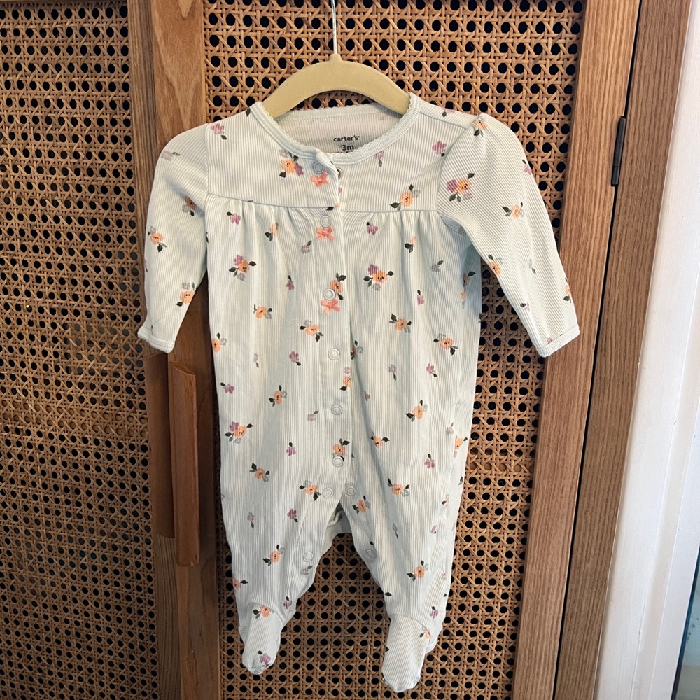 0-3M Carter's Cream Floral Ribbed Footed One-Piece for Kids